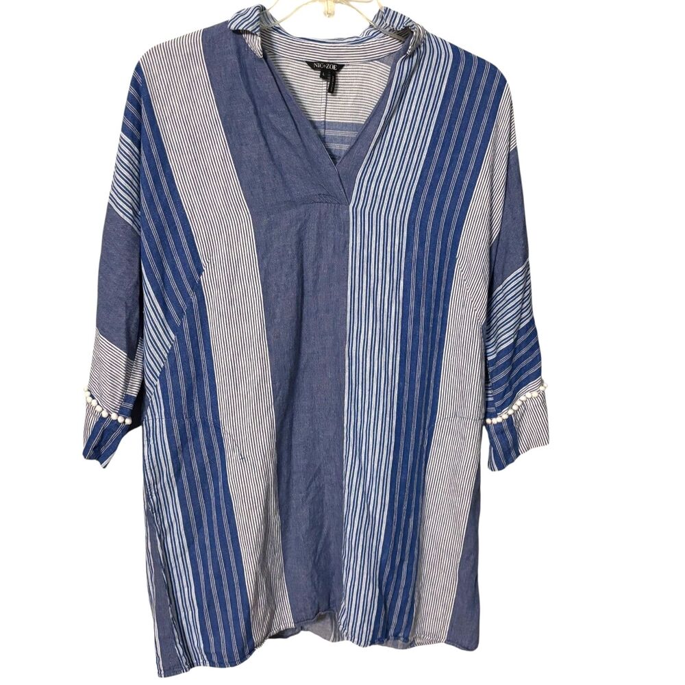 NIC+ZOE Linen Blend Striped Tunic Top Mini Dress Large Blue White Pom Trim